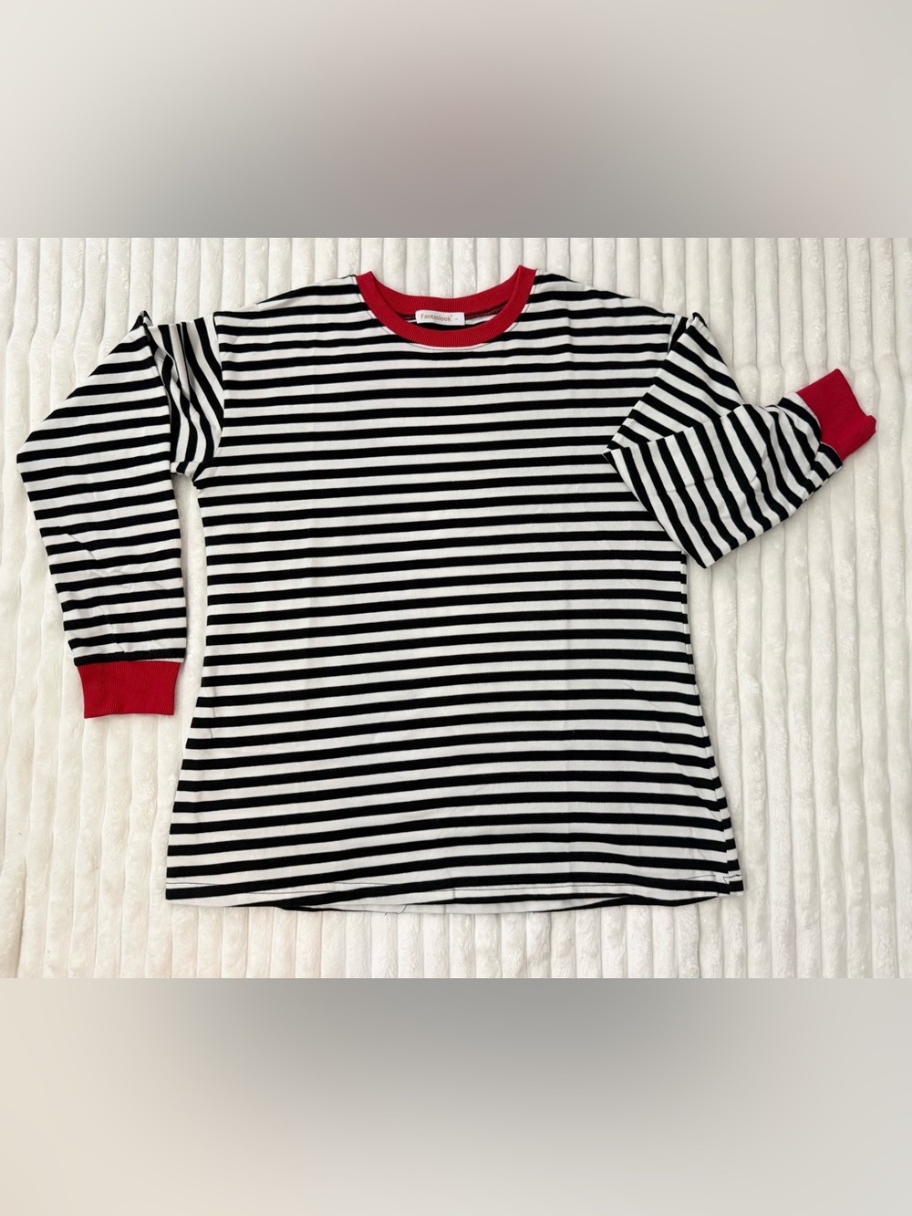 Women’s Black & White Stripe Long-Sleeve Top with Red Trim
